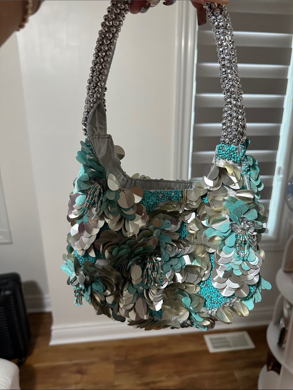 Embellished Floral Sequin Shoulder Bag in Aqua and Silver